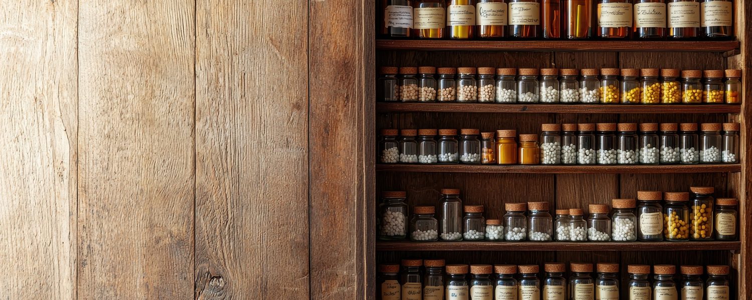 10091014 52 Overhead view of a traditional homeopathy cabinet filled with small glass bottles and homeopathic remedies, set against a wooden background with space for text --ar 16:9 --quality 2 --v 6.1 Job ID: 8216fea1-ceb7-46cf-8b19-64a31ca38e4b